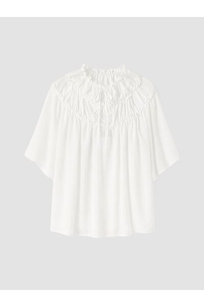 LC Waikiki Soulife White Ruffled Tie-Neck Gathered Blouse