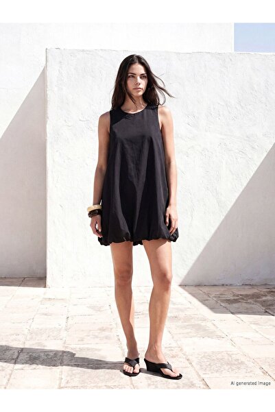 LC Waikiki Lcw Vision Black Crew Neck Mini Balloon Dress