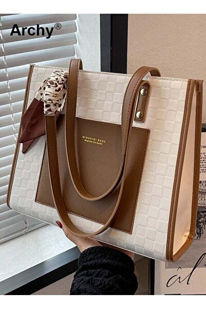 ARCHY Women's Leather Two-Tone Tote Bag Ladies Geometric & Letter Embossed Tw...