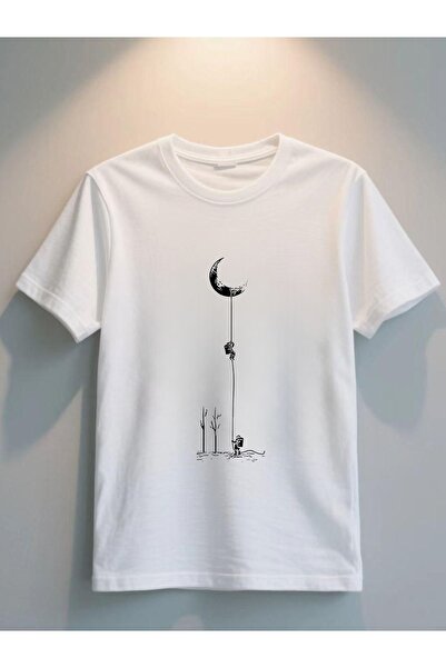 LİNA06 Men S Astronaut Walking on Moon T White & Black Themed Crew Neck Short...
