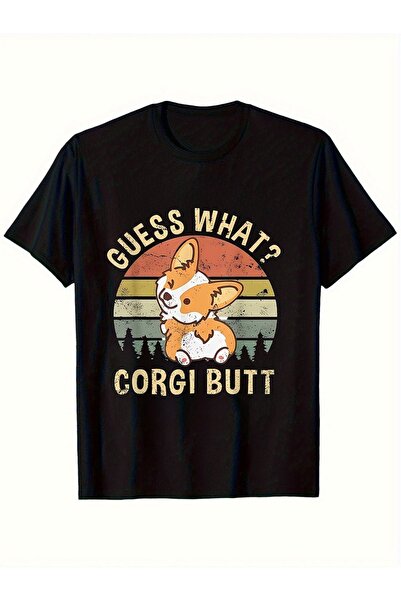 NOURAM تي شيرت أسود بتصميم خلفي مضحك يحمل نصًا 'Guess What Corgi Butt'، قابل ...