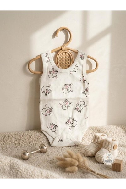 Gökçe Baby Unisex Baby White Rabbit Patterned 100% Cotton Openwork Strap Bodysuit / Bodysuit