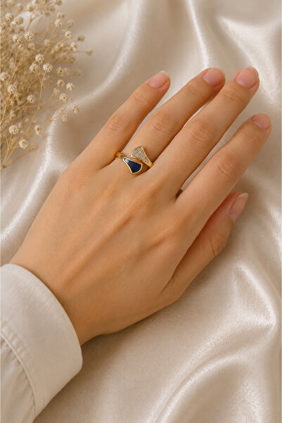 Belasso Steel Gold Color Blue Enamel Zircon Stone Adjustable Ring