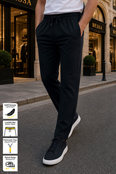 BESSA Black Summer Sweatpants Light Fabric Sporty Straight Leg Zipper Pocket ...