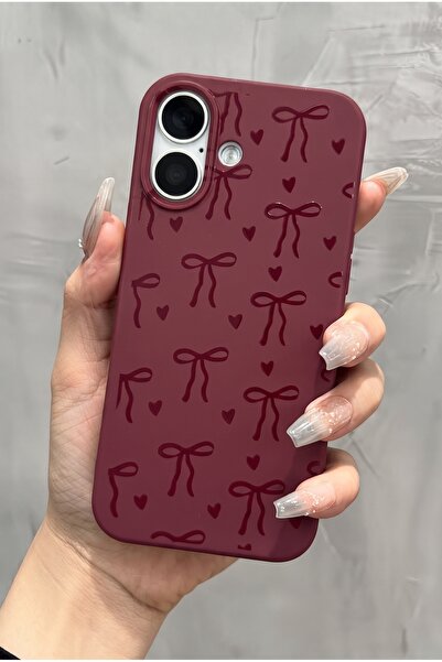KVK PRİVACY iPhone 16 Uyumlu Bordo Fiyonk Desenli Kadifemsi Soft Touch Siliko...
