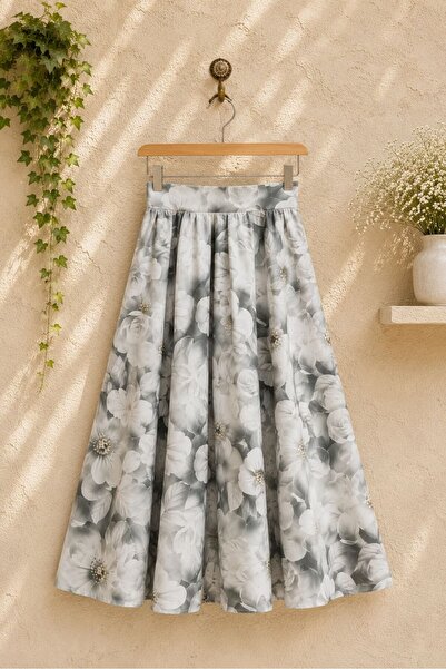 KÜÇÜĞÜM BUTİK Black Floral Patterned Satin Multi-Piece Flared Skirt