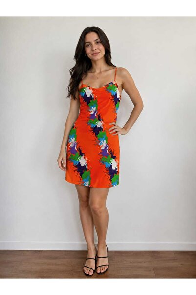 Clothify Women's Orange Patterned Thin Strap Mini Dress Summer Casual Dress