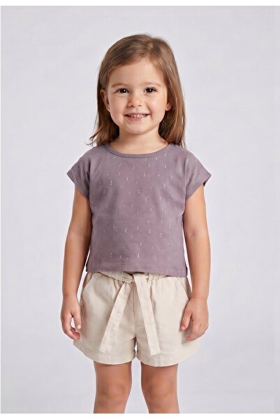 MAVİ BONCUKK Girl's Stone Detailed T-Shirt and Belted Shorts Set