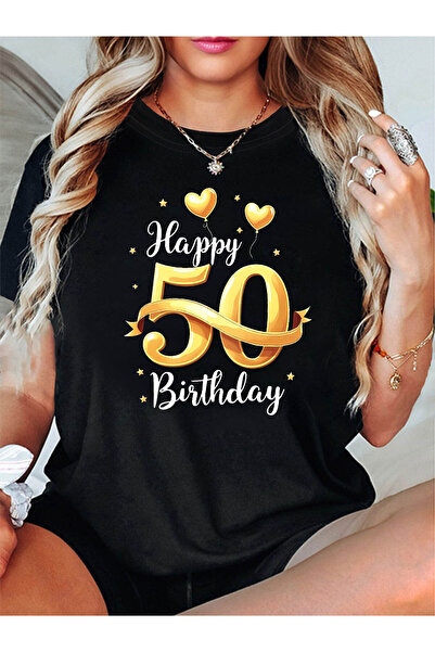 BASEPULSE تي شيرت نسائي بأكمام قصيرة وياقة دائرية مطبوع عليه Happy Graphic Pr...