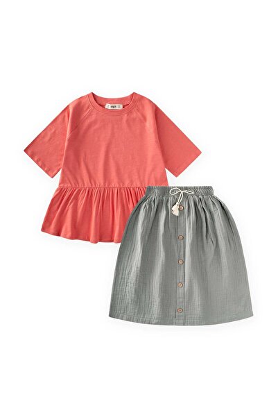 Cigit Muslin Skirted Tunic Set 5-12 Years Coral