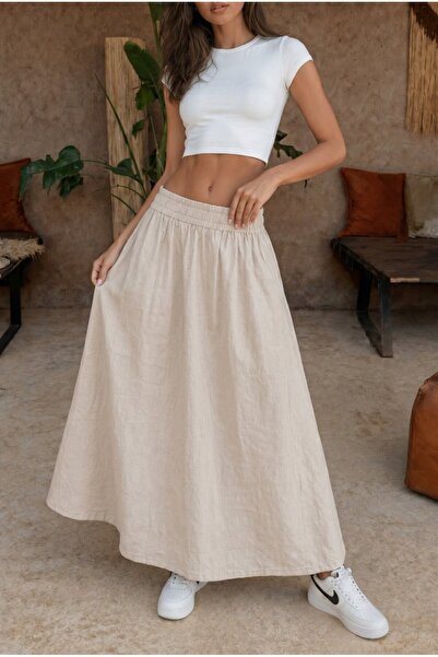 alanora Women's High Waist Elastic Waist Linen Blend Skirt with Pockets