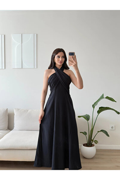 Zoom Butik Çapraz Bağlamalı Premium Elbise - SİYAH