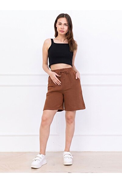 Flubutik Women's Brown Muslin Cotton Short Shorts