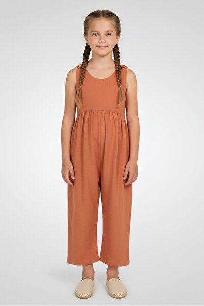 Litlhood Kids Girl Textured Sleeveless Jumpsuit, Rust