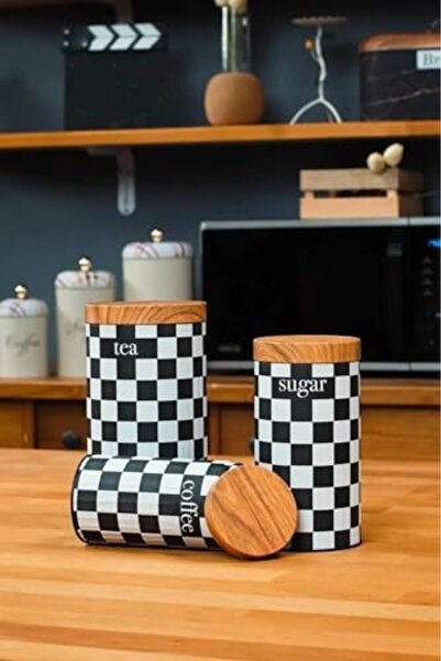 Yıldızan gme shop 3'Lü Set Metal Çay Kahve Şeker Saklama Kavanozu - Dama Dese...