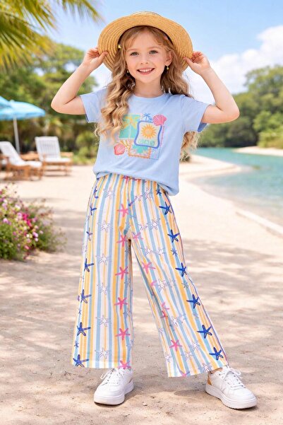 CiciTime Çocuk Modası Girl's Long Pants Summer Palm Tree Print Set