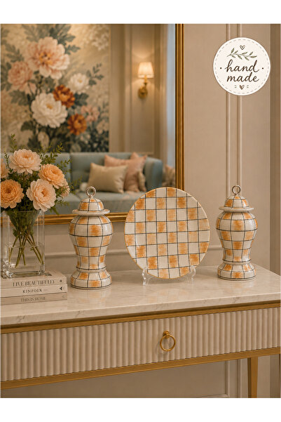 daiza home Dekoratif Hand Made El İşi Salon Seti Şah Kapaklı Tabak Damalı Kah...