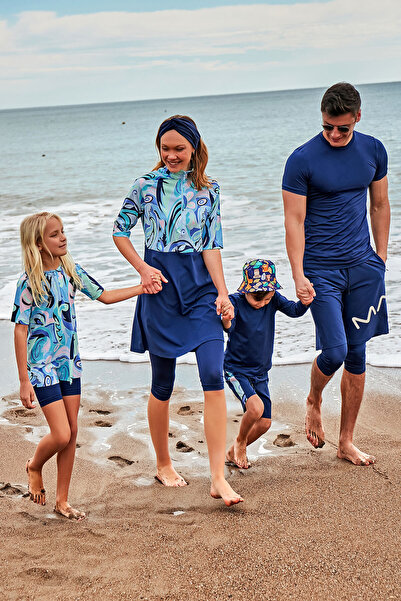 Marina Swimwear Parachute Navy Blue Tights Semi-Closed Swimsuit - 3-Piece Set...