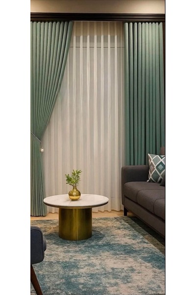 LOUIS DESIGN YSK Set 3 piese Draperii Catifea Verde Menta + Perdea Voal Alb