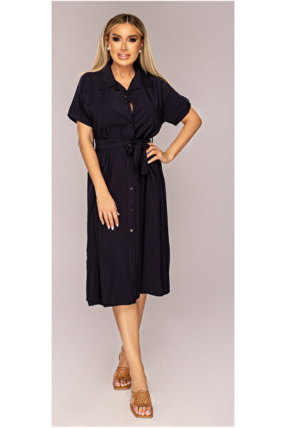OEM Rochie bleumarin, trei sferturi, cu nasturi, cordon, cu maneca scurta, S/M