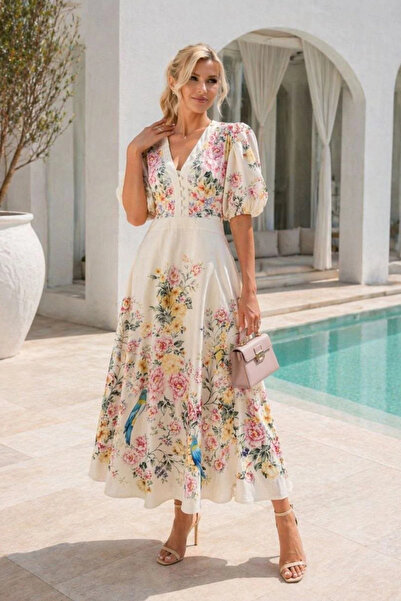 Tencelle Woman Women's Ecru Floral Patterned V-Neck Button Detailed Midi Leng...