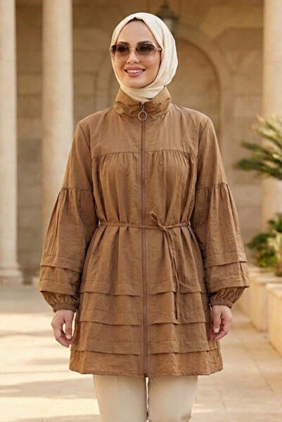 N.S NEVA STYLE Tunica cu fermoar, detaliată cu volane, camel, stil Tesettür 1...