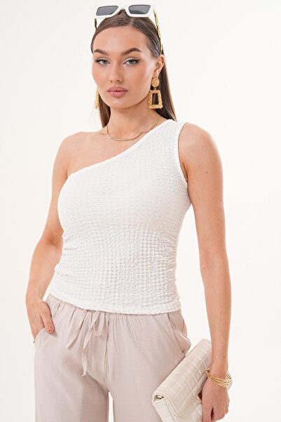 DazzUp Women's One-Shoulder Detailed Wrinkled Fabric Blouse