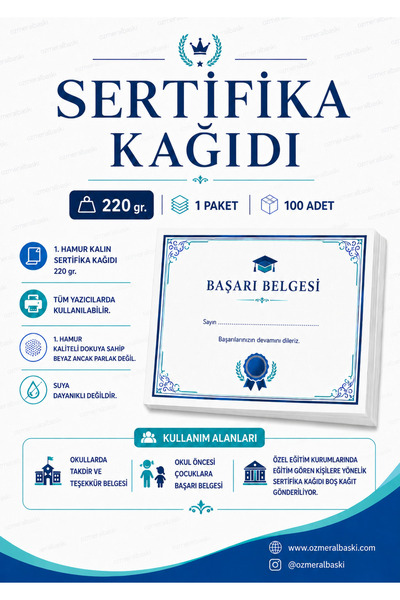 OzmeralBaskı A4 Sertifika Kağıdı 100 Adet 220 Gr Kalın Beyaz Kartuşlu Mürekke...