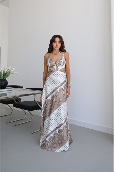 Havoş Mink Ethnic Patterned Cut Out Satin Dress
