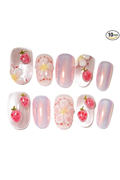 Arabest Handmade Almond Press On Nails, 3D Strawberry Floral False Nail Set XS