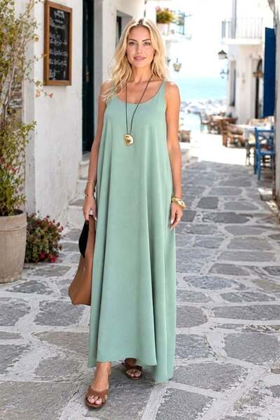 Veraura Lifestyle Green Adjustable Strap Long Dress