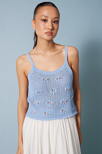 Nisan Flowered Pompom Tricotated T-Shirt Blue