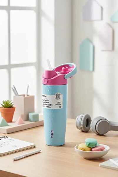 Miniso Lisanslı Pipetli Paslanmaz Çelik Bardak 890 Ml – Tutamaklı