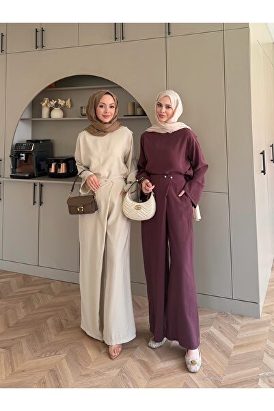 NİLNUR MODA Νέα Σεζόν Pınar İnci Λεπτομερές Ασύμμετρο Σετ Παντελονιών
