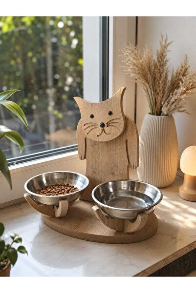 Asrimo mobilya Kedi Figürlü Ahşap Mama ve Su Kabı Standı – Dekoratif & Kollar Yapışık