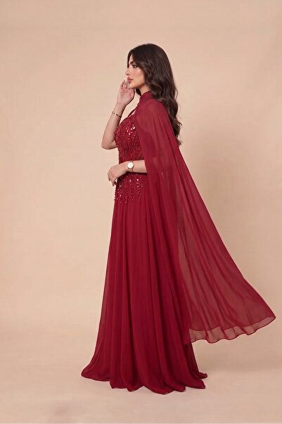 DVNA Dvna Red Sequined Evening Gown with Flowing Cape