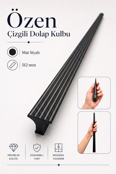Badem10 Özen (1 Adet) Mat Siyah 512 mm Çizgili Metal Modern Mobilya Dolap Çek...