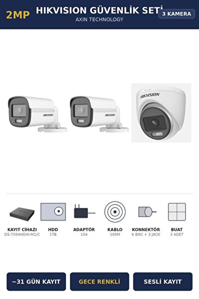 Hikvision 3 Kameralı 2MP Güvenlik Kamera Seti ColorVu Gece Renkli 1TB ~31 Gün...