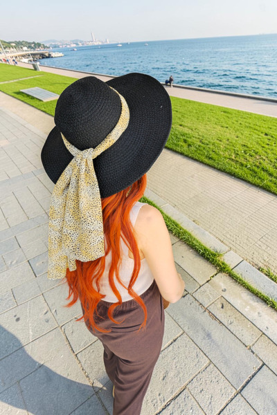 KAAN HOME Straw Jute Beach Hat with Chiffon Natural Look Wide Brim Summer Hat