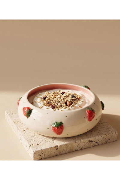 woness studio El Yapımı Çilekli Geniş Seramik Salata Kasesi- Diyet Bowl 19cm