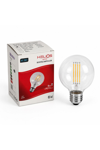 Helios 6W Rustik LED Ampul E27 – 6500K Beyaz Işık, Şeffaf Cam Tasarım