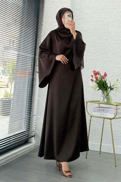 MELEK ARAZ Premium Degaje Collar Double-Sided Satin Dress - Brown