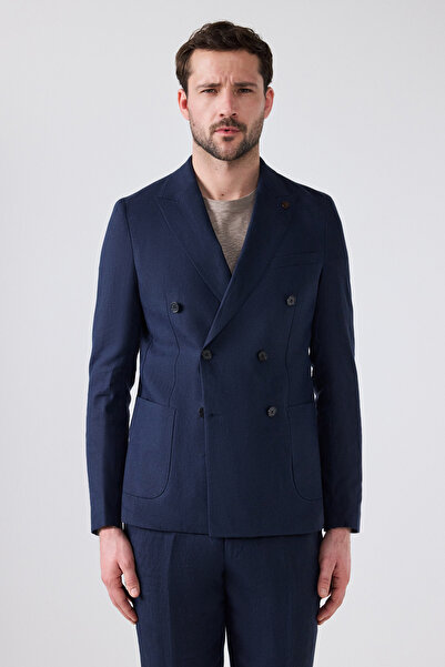 Damat Slim Fit Lacivert Düz Keten Karışımlı Kumaş Ceket