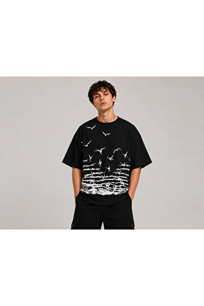 Nulivez Palestinian Themed Birds and Barbed Wire Printed Oversized Unisex T-S...