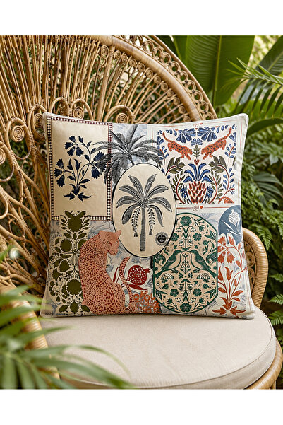 decoarstr Palmiyeli Etnik Patchwork Desenli Dekoratif Kırlent Kılıfı 43x43 cm