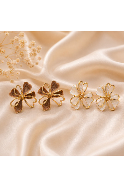U&Gi Moda Flower Figured Enamel Gold Earring Set – Cream & Brown Color Women'...