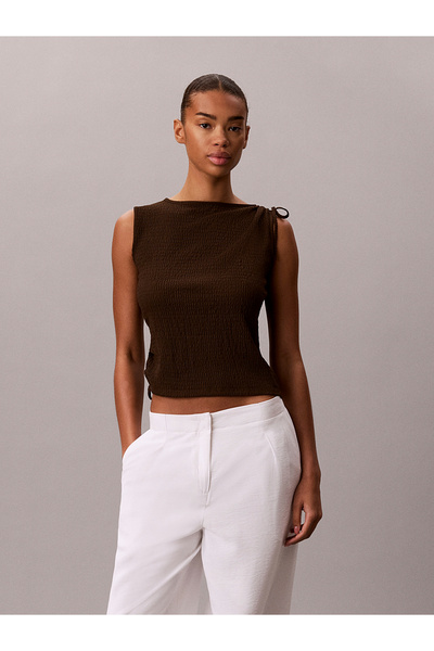 Calvin Klein Women's Regular Fit Crew Neck Sleeveless Ribbed Brown T-Shirt
