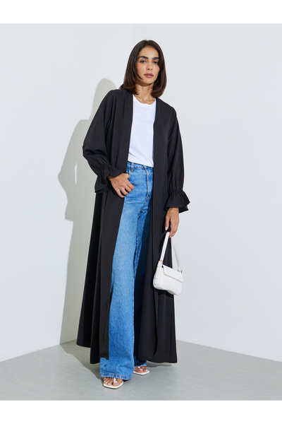 Amirah By Styli Black Solid Frill Sleeves Front Open Abaya