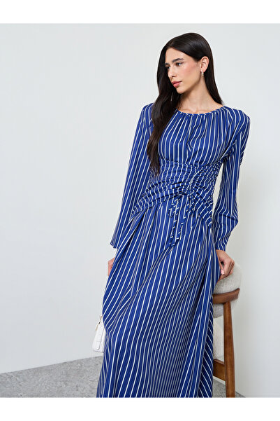 Styli Blue Striped Ruched Midi Dress