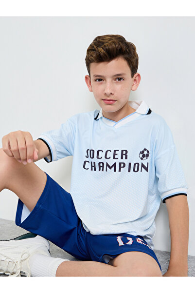 Styli Boys Text Print Oversized Polo T-Shirt with Contrast Rib Collar